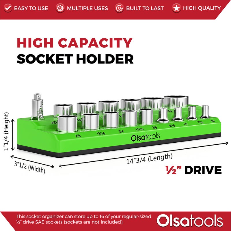 Olsa Tools Magnetic Socket Organizer | 1/2-inch Drive | SAE | Green | Holds 16 Sockets | Professional Quality Tools Organizer - Image 3